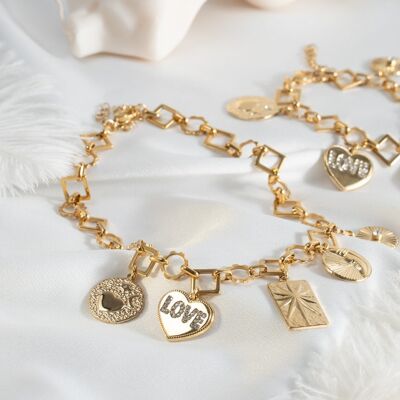Gold multi charm choker necklace and bracelet