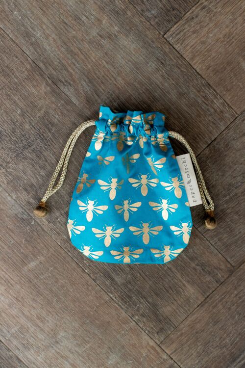 Fabric Gift Bags Double Drawstring -  Turquoise Bees (Small)