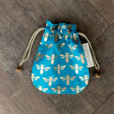 Bolsas de tela para regalo con cordón doble - Abejas turquesas (pequeñas)