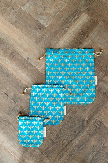 Sacs cadeaux en tissu à cordon de serrage double - Abeilles turquoises (petites) 2