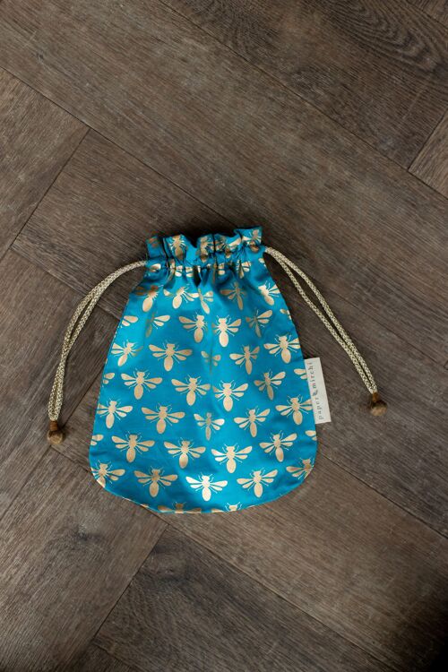 Fabric Gift Bags Double Drawstring -  Turquoise Bees (Medium)