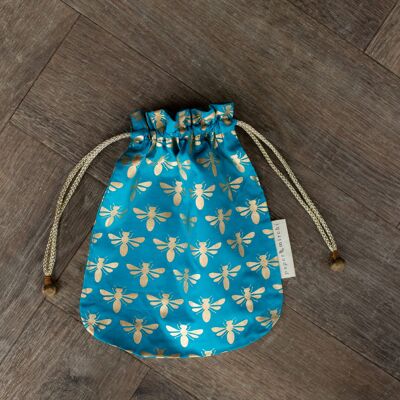 Fabric Gift Bags Double Drawstring -  Turquoise Bees (Medium)