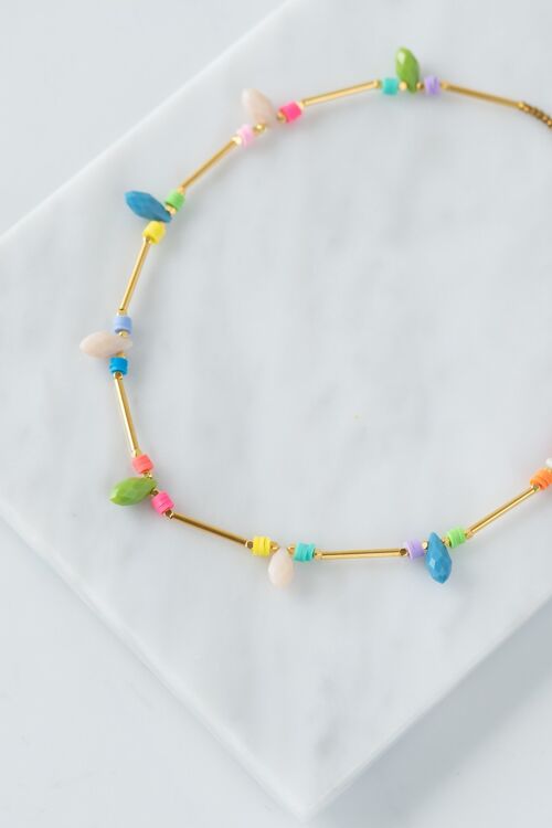 Gold tube necklace with rainbow colored drops