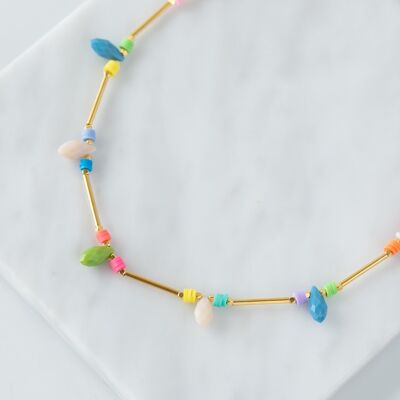 Gold tube necklace with rainbow colored drops