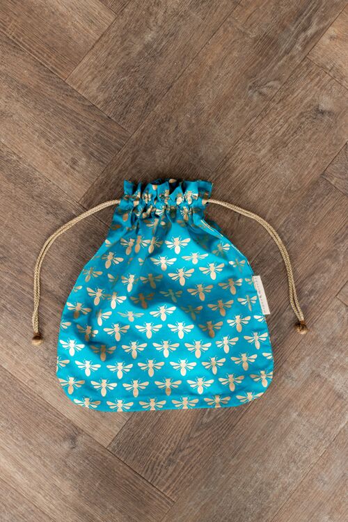 Fabric Gift Bags Double Drawstring -  Turquoise Bees (Large)