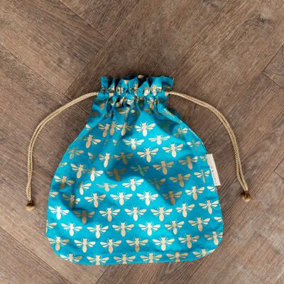 Fabric Gift Bags Double Drawstring -  Turquoise Bees (Large)