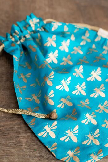 Sacs-cadeaux en tissu à cordon de serrage double - Abeilles turquoises (grand) 2
