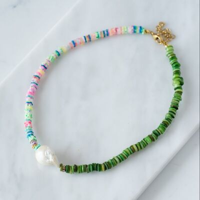 Green rainbow necklace with baroque pearl