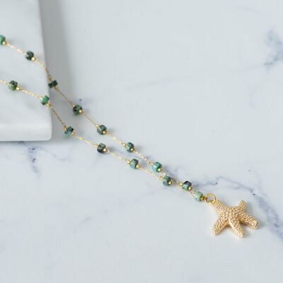 Green semiprecious agate rosario with starfish