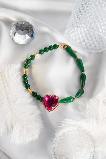 Collier jade semi-précieux vert avec coeur fuschia 5