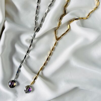 Lariat diamond steel chain in silver and gold