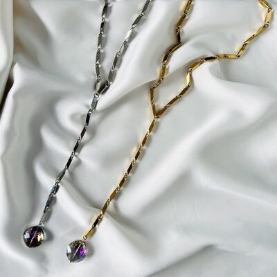 Lariat diamond steel chain in silver and gold