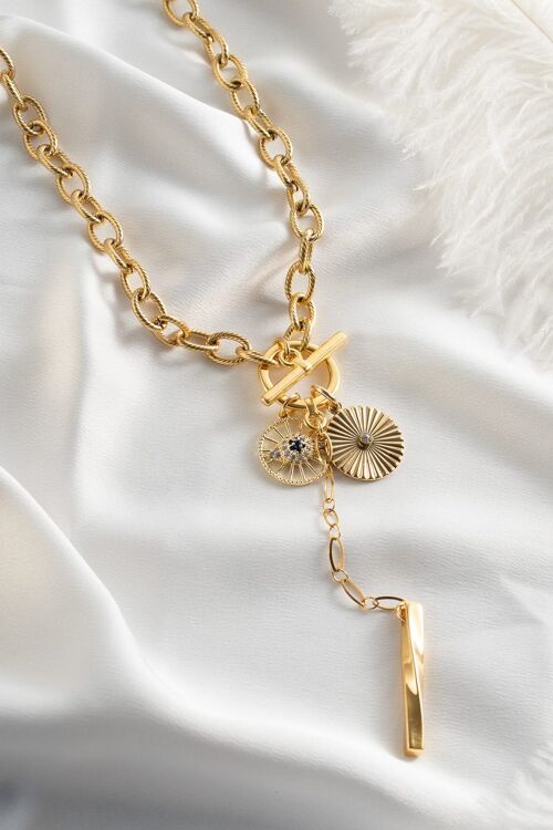 Lariat gold necklace with charms