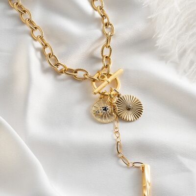 Lariat gold necklace with charms
