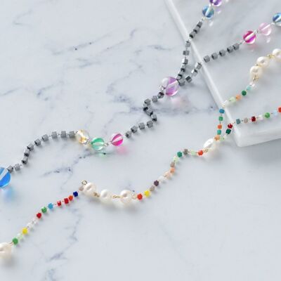 Lariat necklaces in silver and multi tones