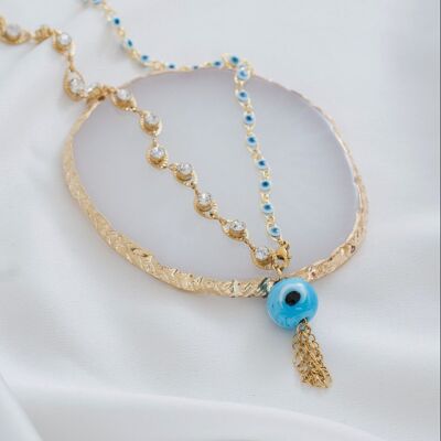 Long gold delicate necklace with evil eyes