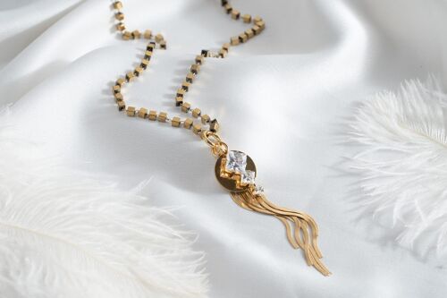 Long gold necklace with white crystal pendant