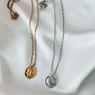 Long steel chain necklace with ethnic coin