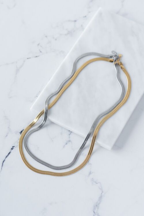 Long steel snake chain in silver and gold