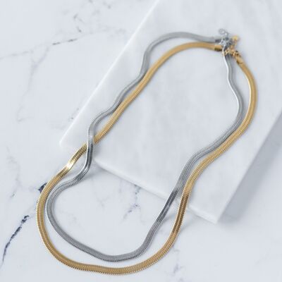 Long steel snake chain in silver and gold