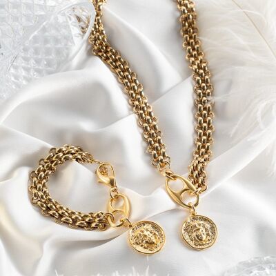 Medusa-Statement-Halskette und Armband in Gold