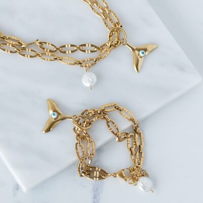 Doppelte Meerjungfrauenschwanz-Halskette und Armband aus Stahl