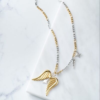 Cadena mixta de oro y plata con alas de angel