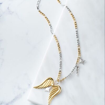 Cadena mixta de oro y plata con alas de angel