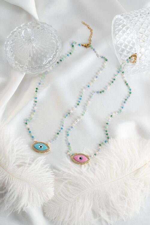 Multi crystal rosario necklace with large evil eye