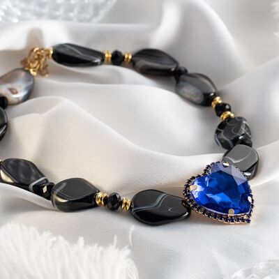 Necklace with agate semi precious stones and crystal heart