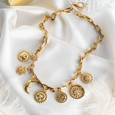 Collier multi breloques soleil et lune