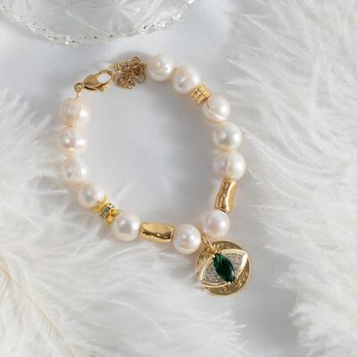Perlenarmband mit zirgonischem bösen Blick und grünem Kristall