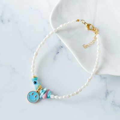 Bracelet de cheville en perles avec visage souriant turquoise