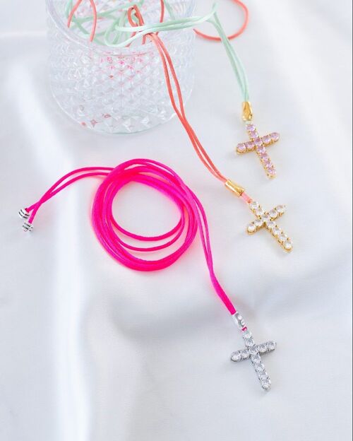 Rainbow colored cord cross necklace