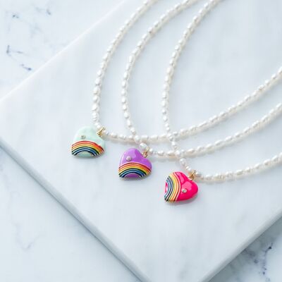 Rainbow heart pearl necklace