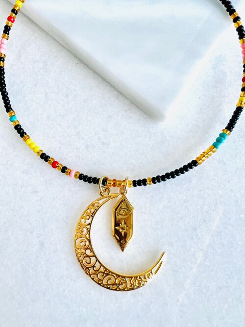 Seed bead choker with ethnic moon pendants