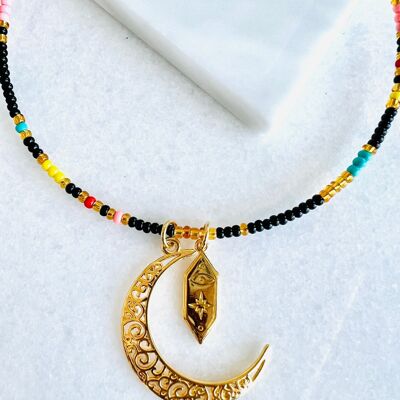 Seed bead choker with ethnic moon pendants