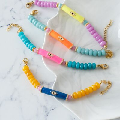 Semiprecious beaded bracelets with colorful eye bar