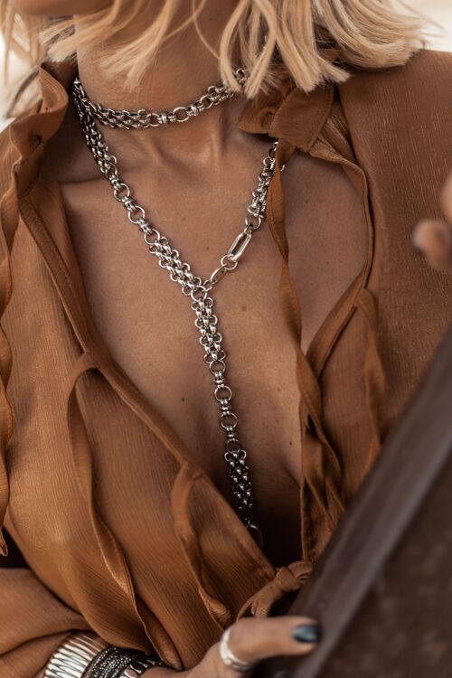 Silver chunky chain choker and lariat necklace