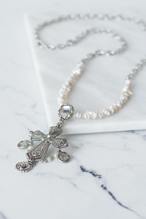 Silver cross necklace with real pearl chips