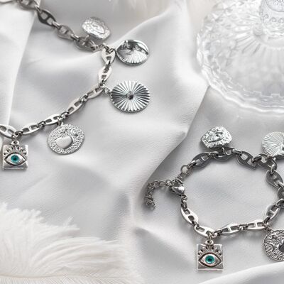Silver multi charm choker necklace and bracelet