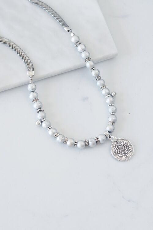 Silver pearl necklace with cross coin