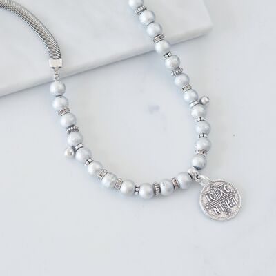 Silver pearl necklace with cross coin