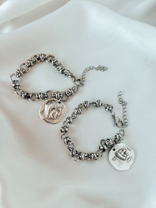 Silver steel bracelet with coin detail