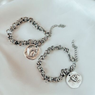 Silver steel bracelet with coin detail