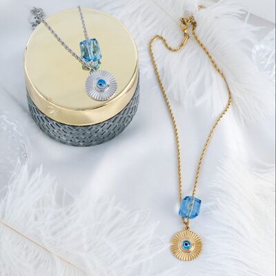 Collana in acciaio con malocchio e perlina blu