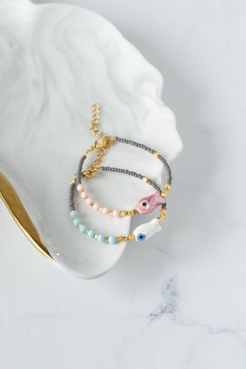 Summer fish evil eye bracelets in pink and white