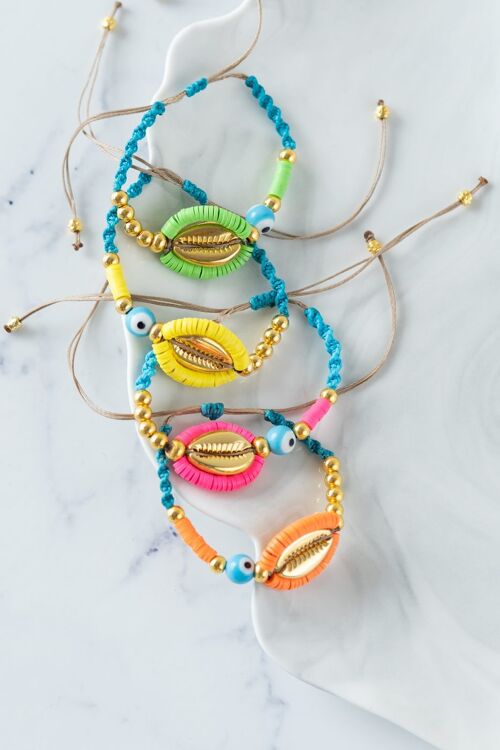 Summer rainbow cowrie shell and eye bracelets