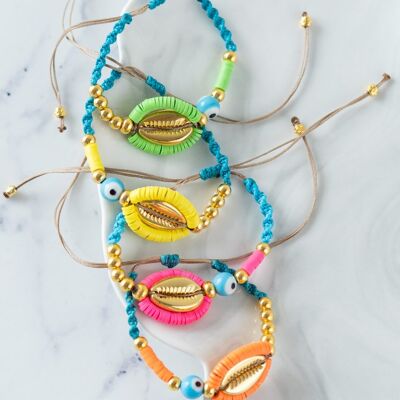 Summer rainbow cowrie shell and eye bracelets