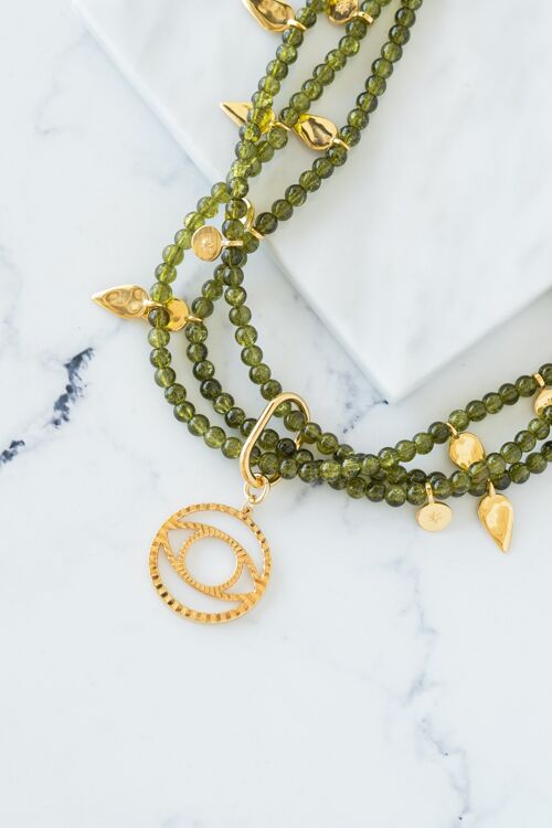Triple olive green necklace with evil eye